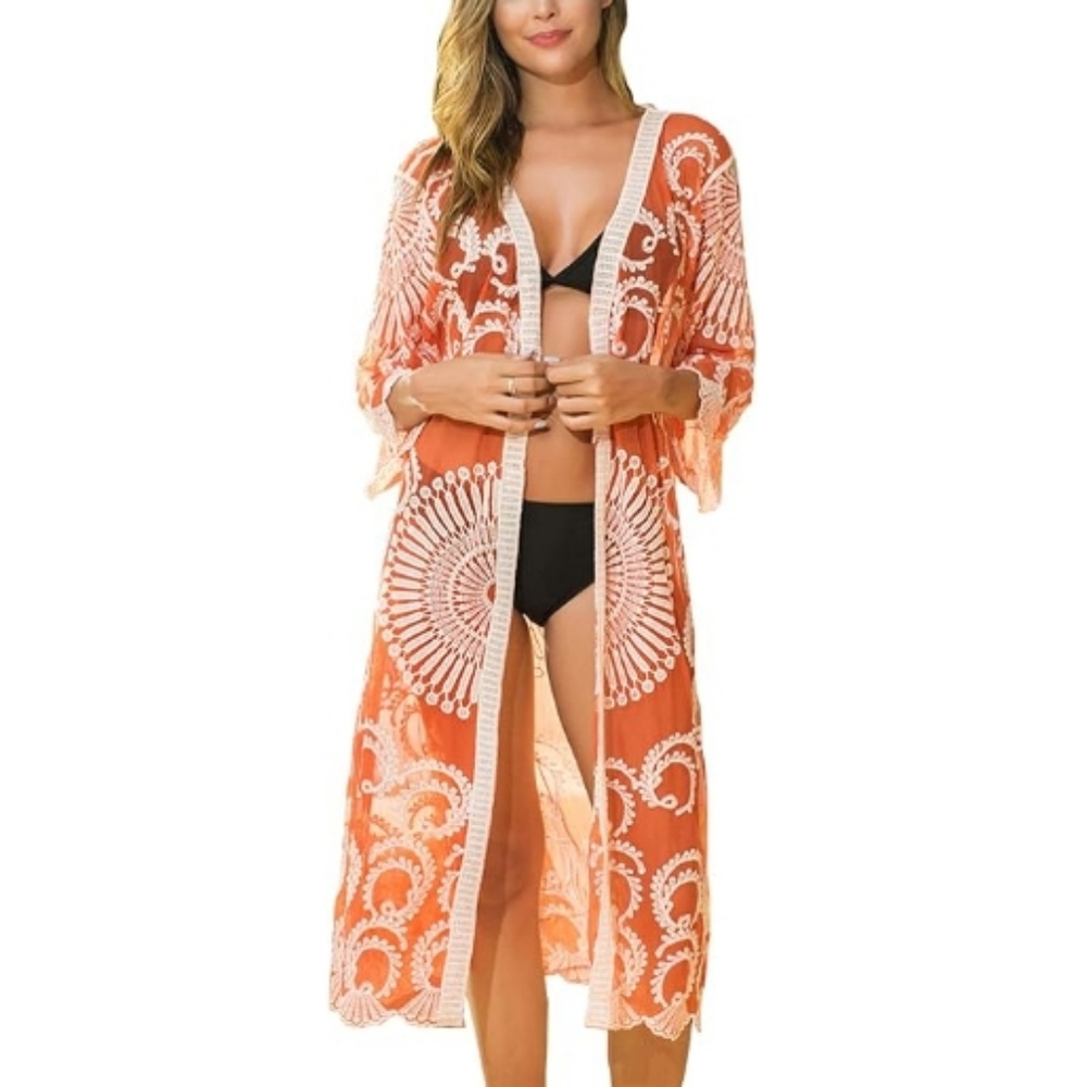 Long Flowy Lace Kimono Cardigan Boho Style Open Cover Ups Orange